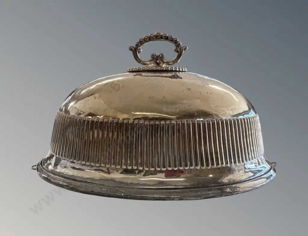 Silver Cloche with Fluted Lower Half and Beaded Handle Image 1++