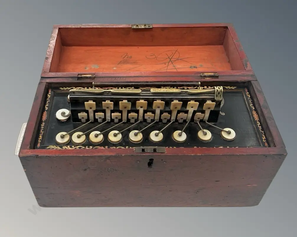 Boxed 19C French Flutina Accordion with Sorrento Style Inlays and MOP Keys Image 1++