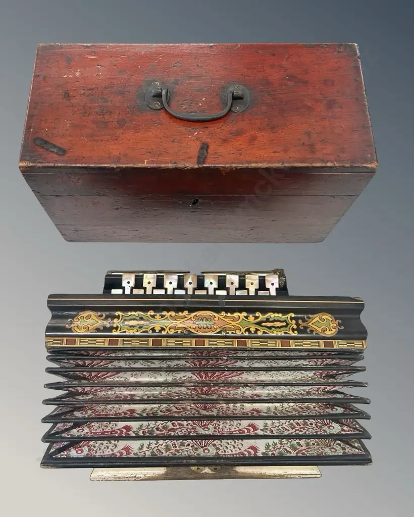 Boxed 19C French Flutina Accordion with Sorrento Style Inlays and MOP Keys Image 1++