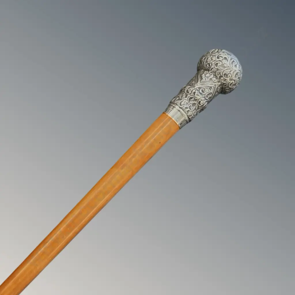Sterling Silver Topped Wooden Walking Stick, L92cm Image 1++
