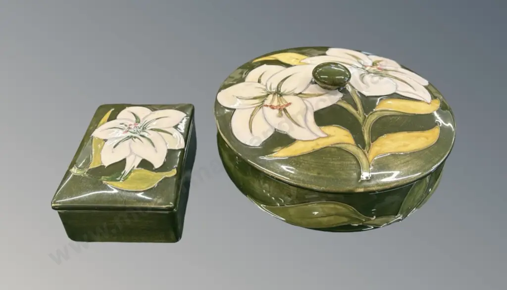 Two Moorcroft Bermuda Lily Lidded Containers L10xW7xH4cm, H8xD14cm Image 1++