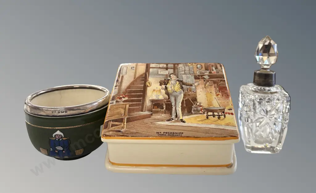 Small Dutch Bowl with Sterling Silver Rim, Cut Glass Perfume Bottle with Sterling Silver Collar & Porcelain Mr Pecksniff Image 1++
