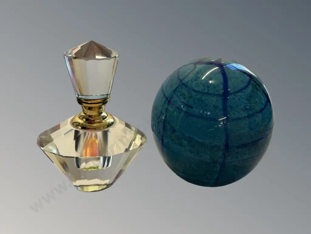 Blue Glass Paperweight and Faceted Glass Perfume Bottle H9-9.5cm Image 1++