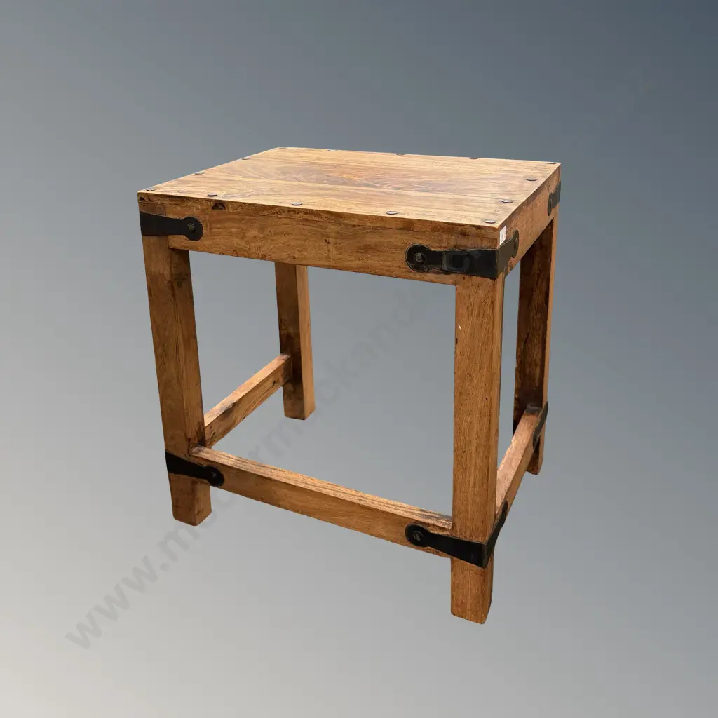 Small Teak Side Table with Metal Bound Edges H38xW35.5xD28cm Image 1++