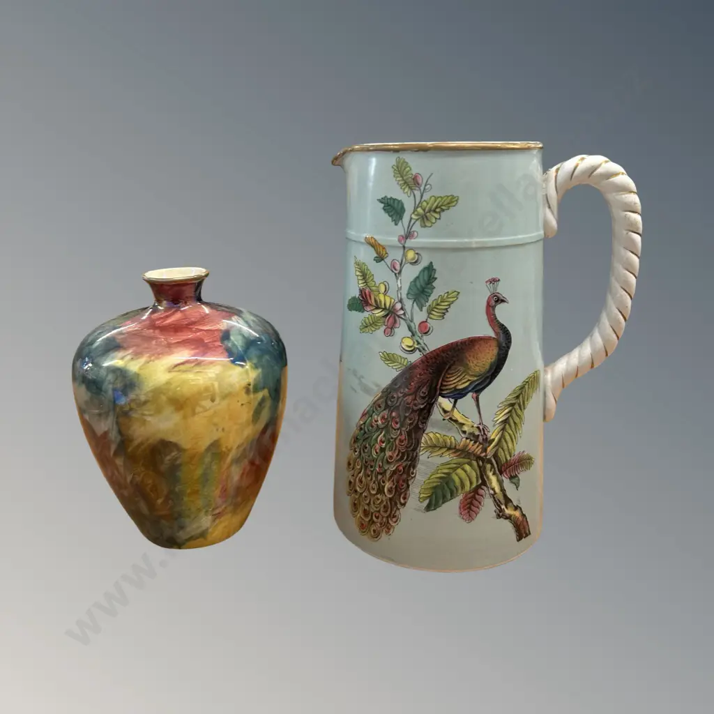 English Porcelain Jug with Peacock and Exotic Birds, Corona Ware Hand Painted Vase H13-18cm Image 1++