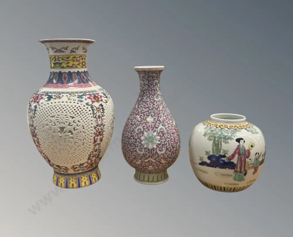 Set of Three Chinese Vases - Large Openwork design, Ginger Jar & Enamelled Floral Vase H14-18cm Image 1++