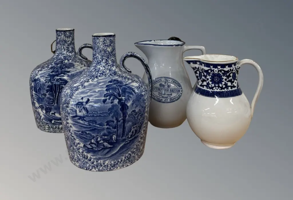 Pair of Blue and White Fenton Water Bottles and Two Blue and White Jugs H16-20cm Image 1++