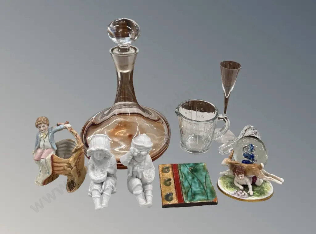 Glass Ships Decanter, Measuring Jug, Pair of German Bisque Figures, Hoglund Glass Paperweight etc Image 1++