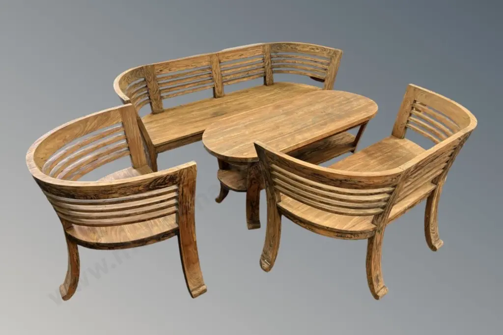 Teak Outdoor Four Piece Setting, Table - L130xH57xD53, Sofa - L180xH76xD55 Image 1++