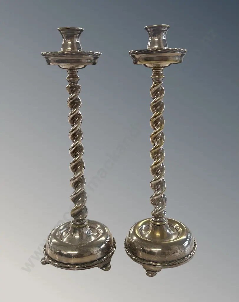 Pair of Silverplate Barley Twist Stemmed Candle Sticks, H34cm Image 1++