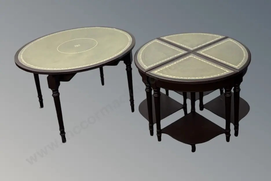 Mahogany Leather Topped Coffee Table with Nest of Small Tables H47xD74cm Image 1++