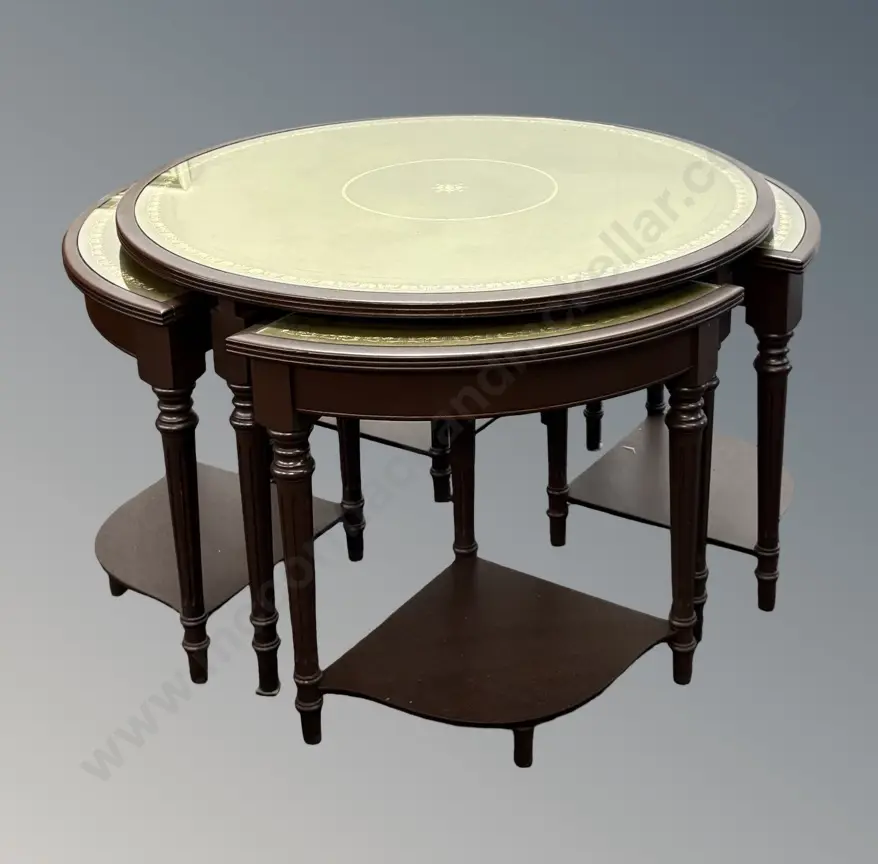Mahogany Leather Topped Coffee Table with Nest of Small Tables H47xD74cm Image 1++