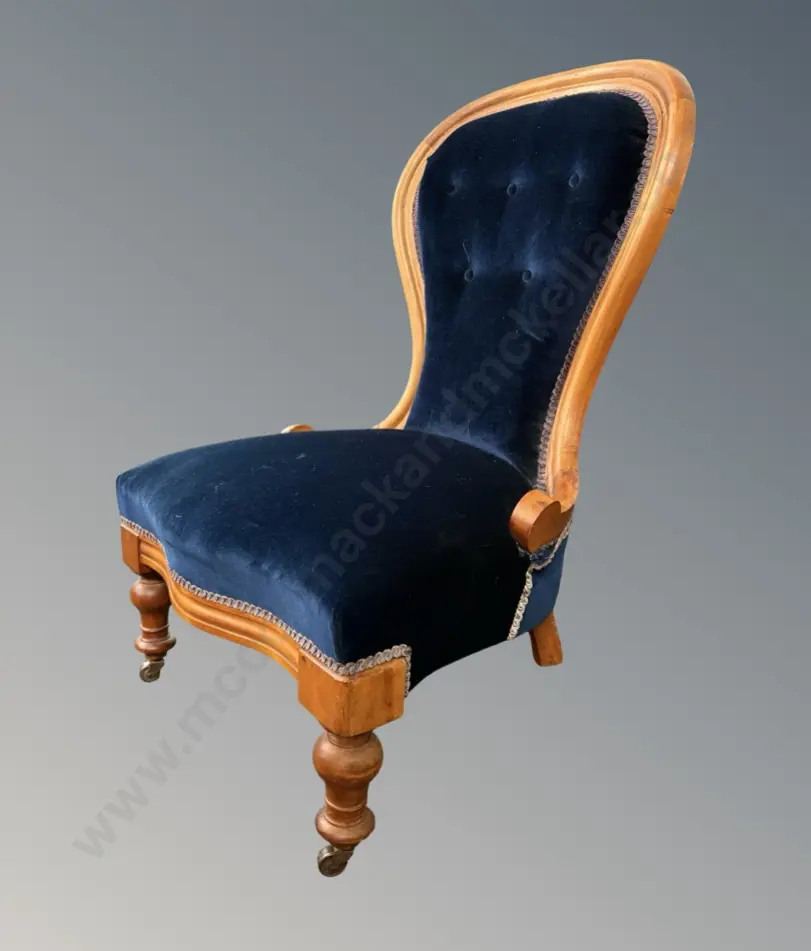 Victorian Blue Velvet Upholstered Ladies Chair on Castors Image 1++