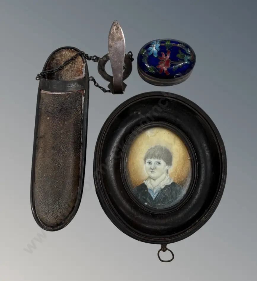 Framed Miniature on Ivorine H11.5cm, Cloisonne Pill Box, Sterling Silver and Leather Chatelaine Spectacles Case Image 1++