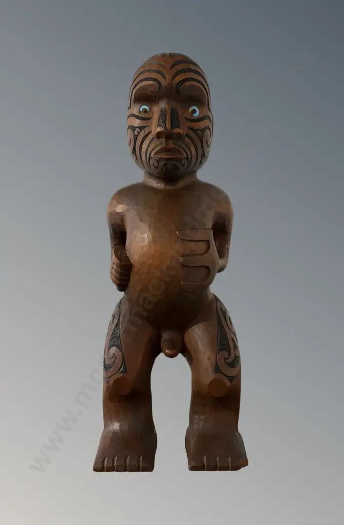 Carved Wooden Māori Figure with Paua Eyes, H39cm, AF Missing Club Image 1++