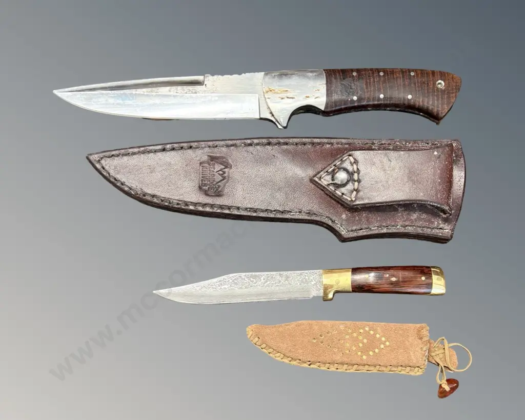 Searidge Knife with Leather Sheath L26.5cm and Brass & Wood Handled Knife with Suede Sheath, L19cm Image 1++