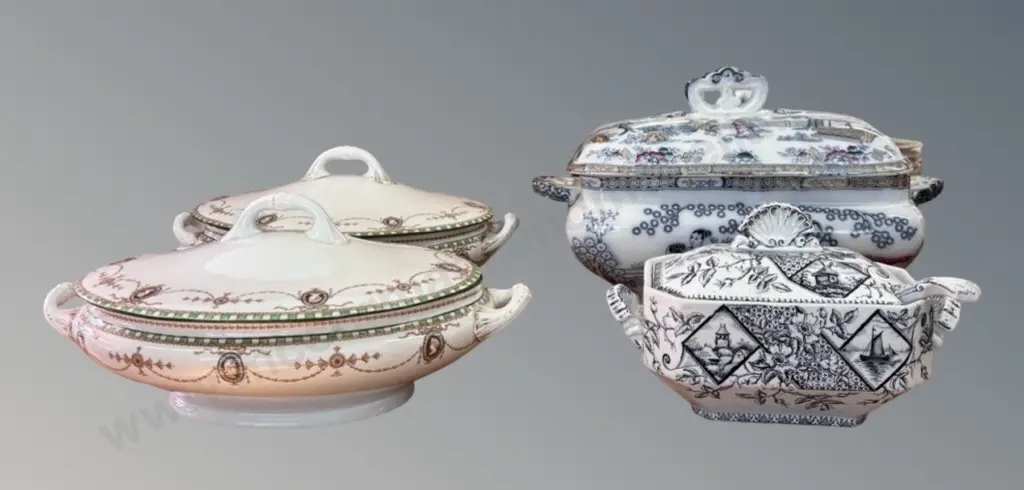 2 Royal Doulton 'Russell' Lidded Entree Dishes, Large Eastern Style Tureen and Sauce Boat with Ladle, AF Image 1++