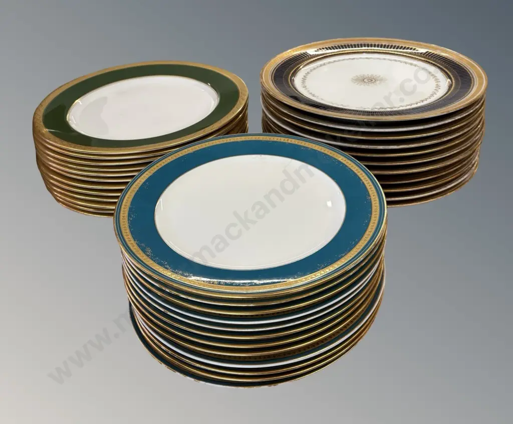 12 Royal Worcester Green & Gold Rimmed Dinner Plates & 12 Gilt Rimmed Lunch Plates & 11 Blue & Gilt Rimmed Dinner Plates Image 1++