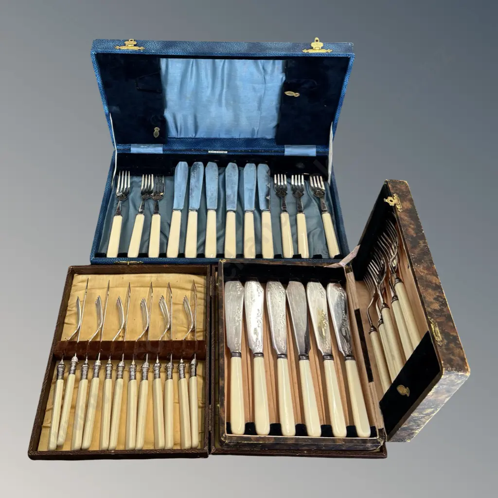 Three Boxed Sets of Bone Handled Fish Knives and Forks Image 1++