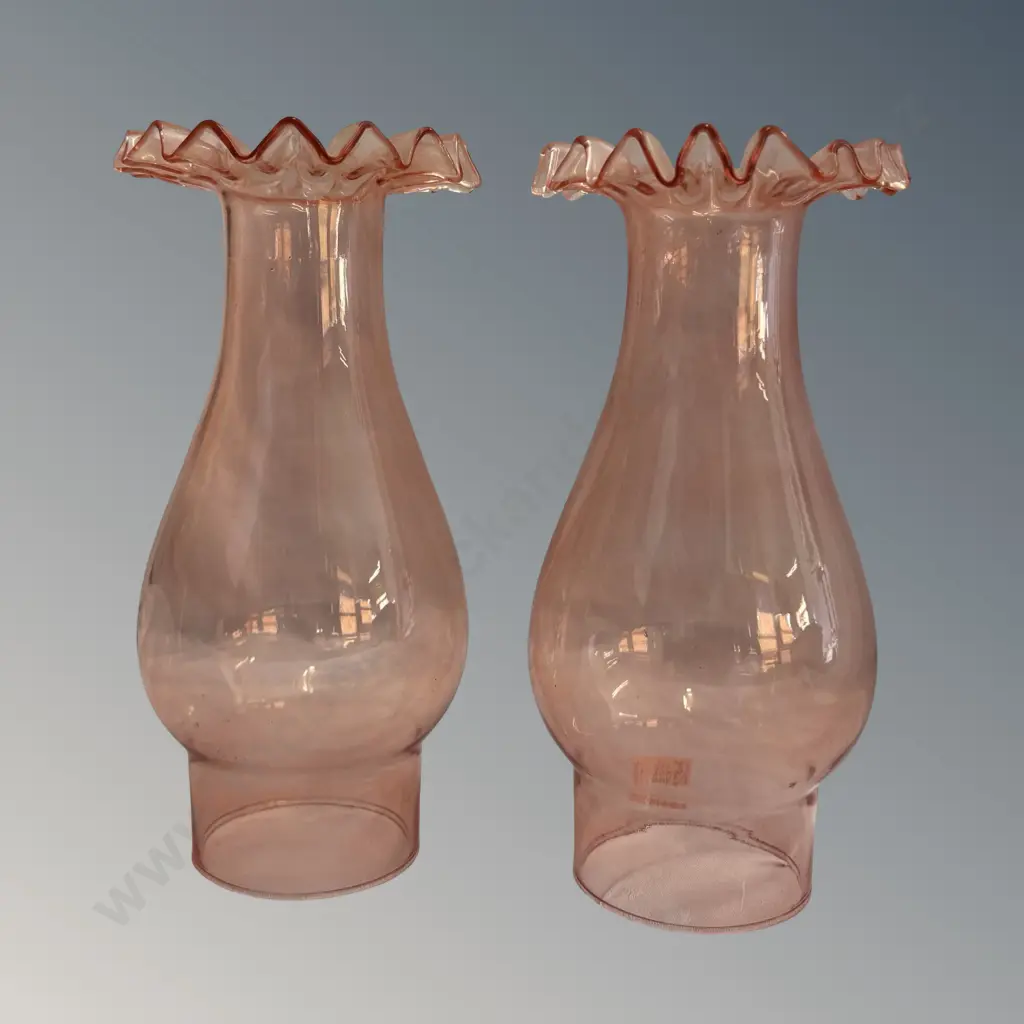 Pair of Rose Glass Fluted Chimney Shades (for oil lamps), H20cm Image 1++