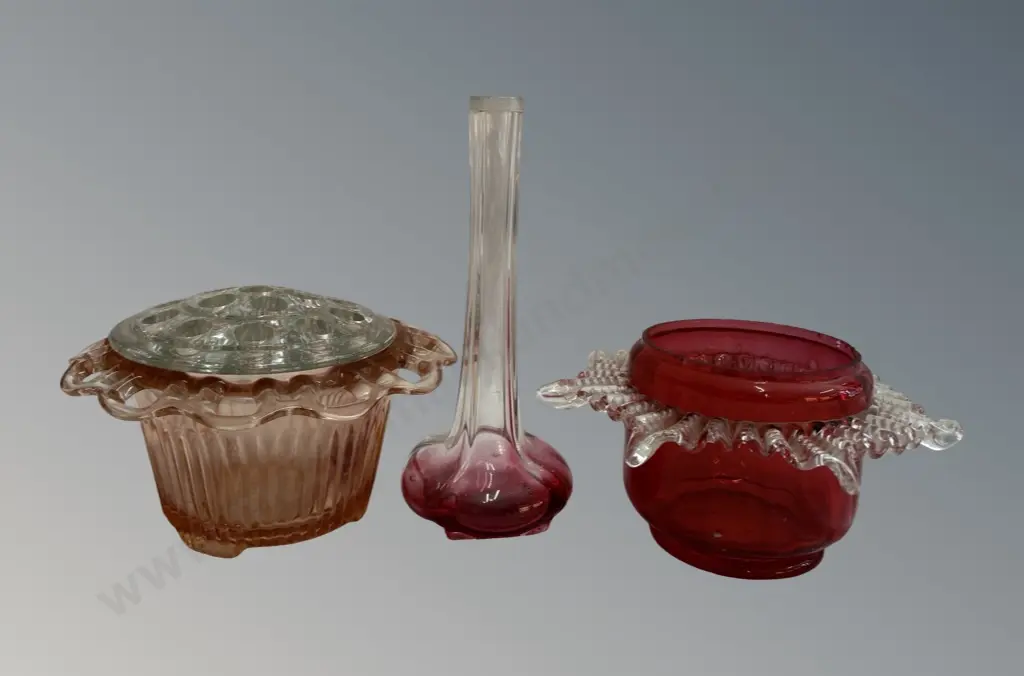 Cranberry Glass Posy Vase and 2 Rose Bowls, 1 with Flower Frog, AF Image 1++