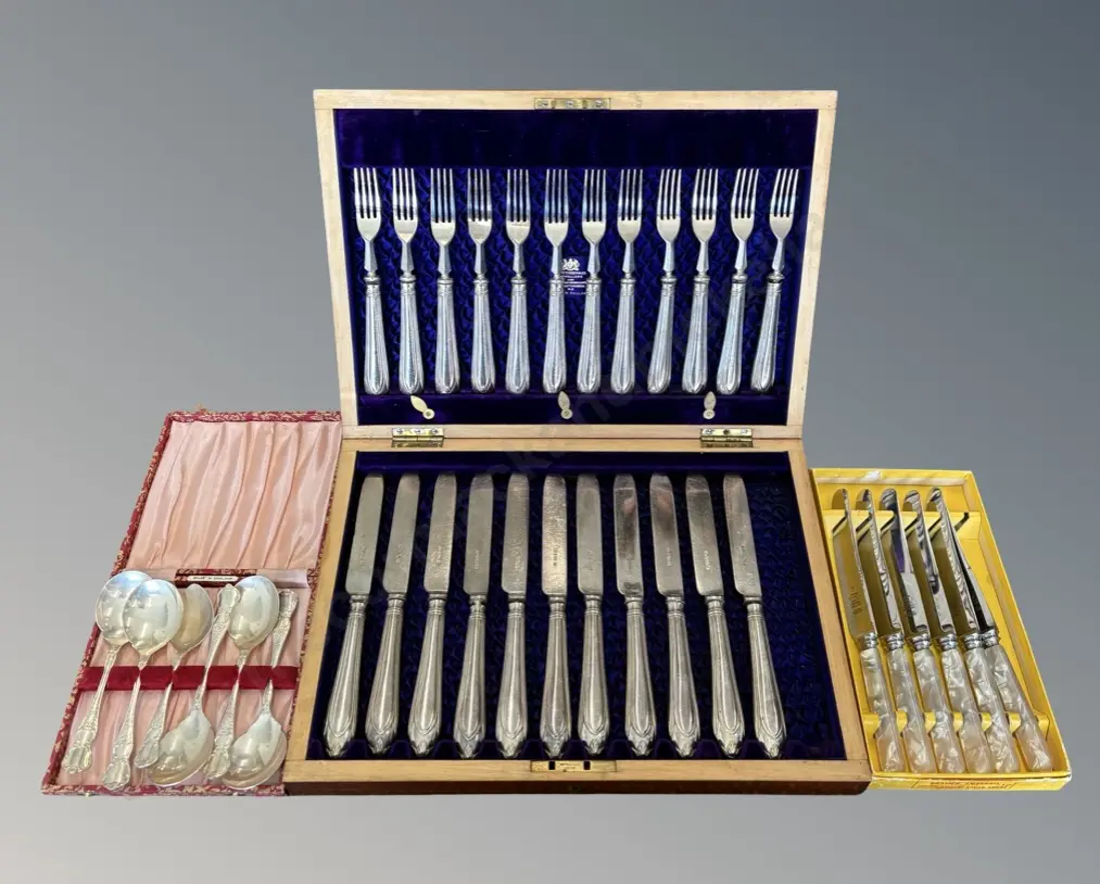 Mahogany Boxed 12 Place Setting, Knives & Forks,1 Knife Missing, Set of 6 'James Ryals & Co' Knives & 6 Cased Spoons Image 1++