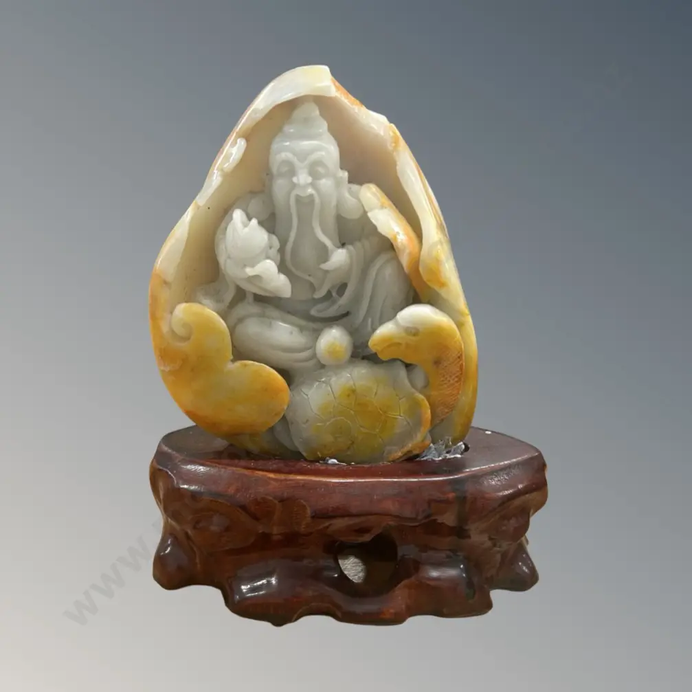 Chinese Natural Stone Carved Figure on Wooden Stand H15cm Image 1++