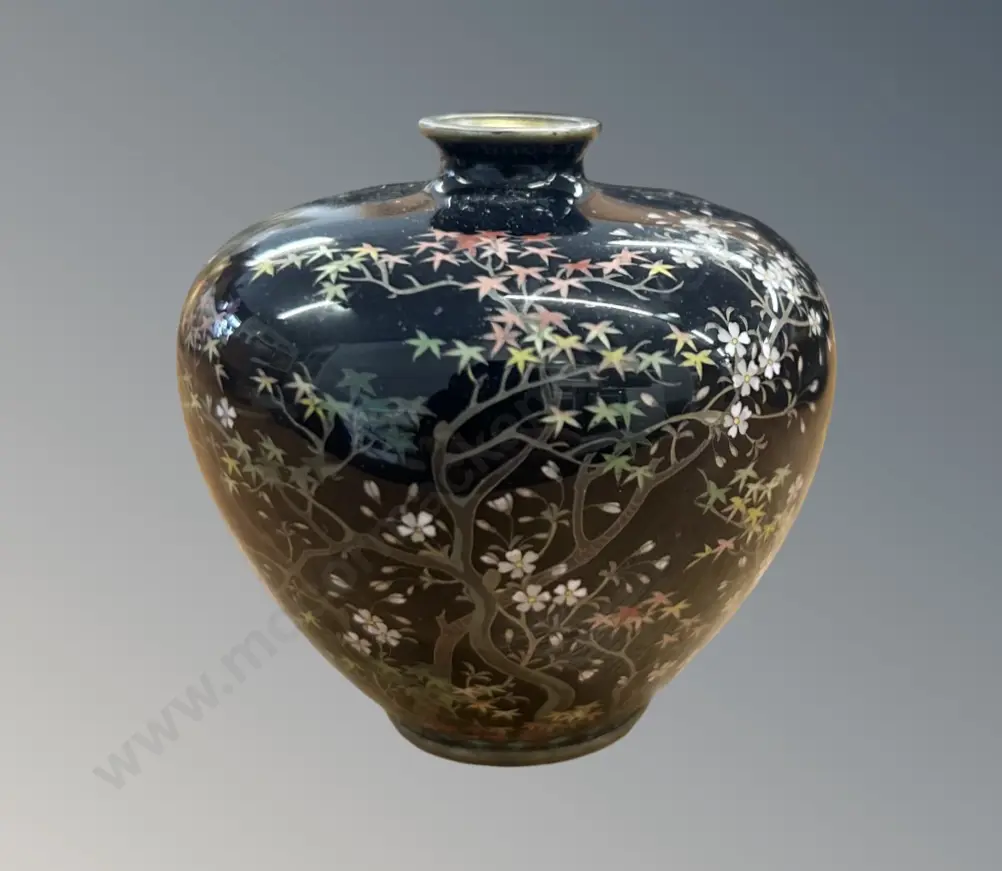 Small Cloisonne Squat Vase with Japanese Maple and Blossom Design H6.5cm Image 1++