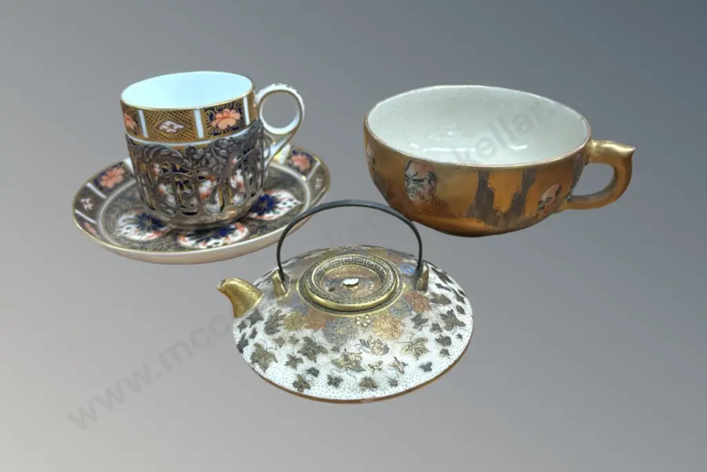 Satsuma teacup, Satsuma Miniature teapot AF, Crown Derby Demitasse Cup and Saucer Image 1++