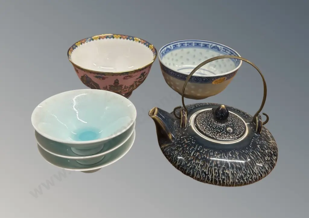 Chinese Porcelain Bowls and Dishes, Glazed Pottery Teapot Image 1++