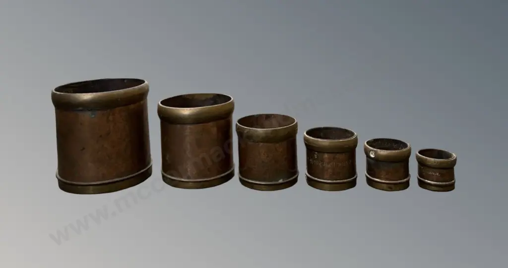 Oriental Pressing Works Graduated Set of Copper and Brass Grain Measures, H4.5-14cm Image 1++
