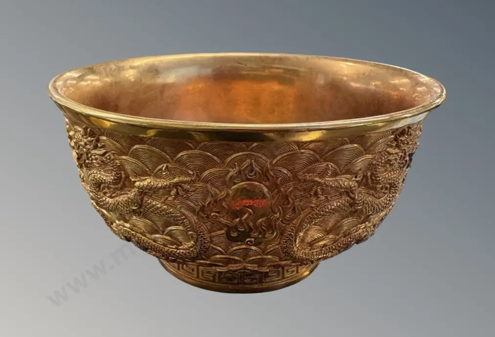 24ct Gilt Chinese Copper Rice Bowl Dragon Chasing Pearl Motif, H6cm Image 1++