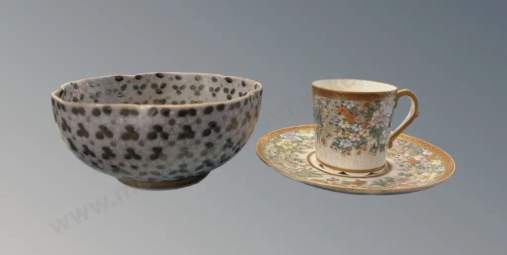 Japanese Kutani Soup Bowl H6cm, Dia12.5cm and Satsuma Teacup and Saucer, Floral and Butterfly Design Image 1++