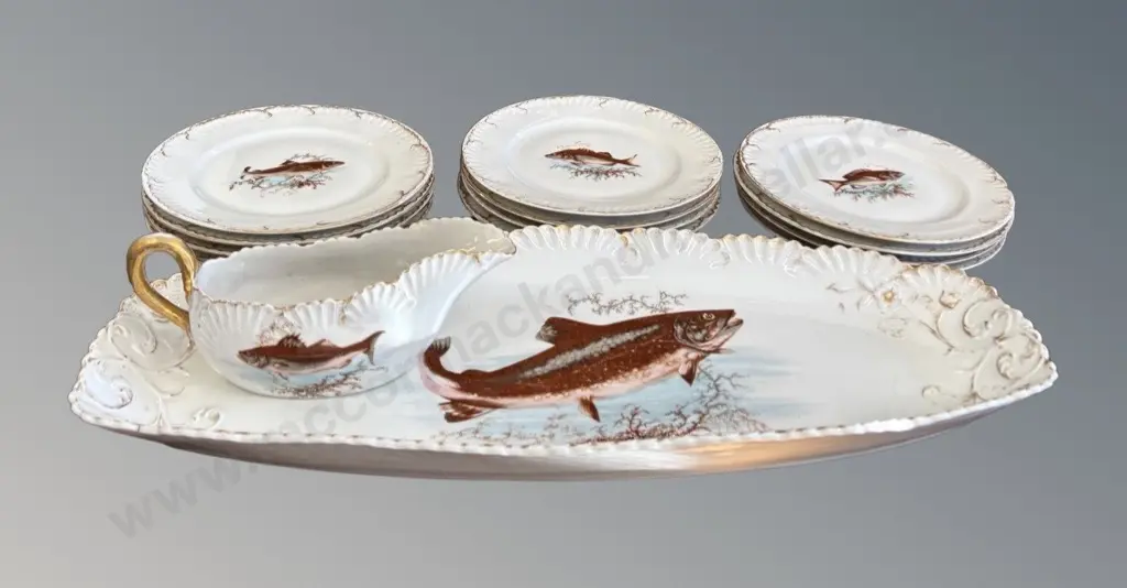 Twelve Fish Lunch Plates, Sauce Jug and Fish Serving Dish Image 1++
