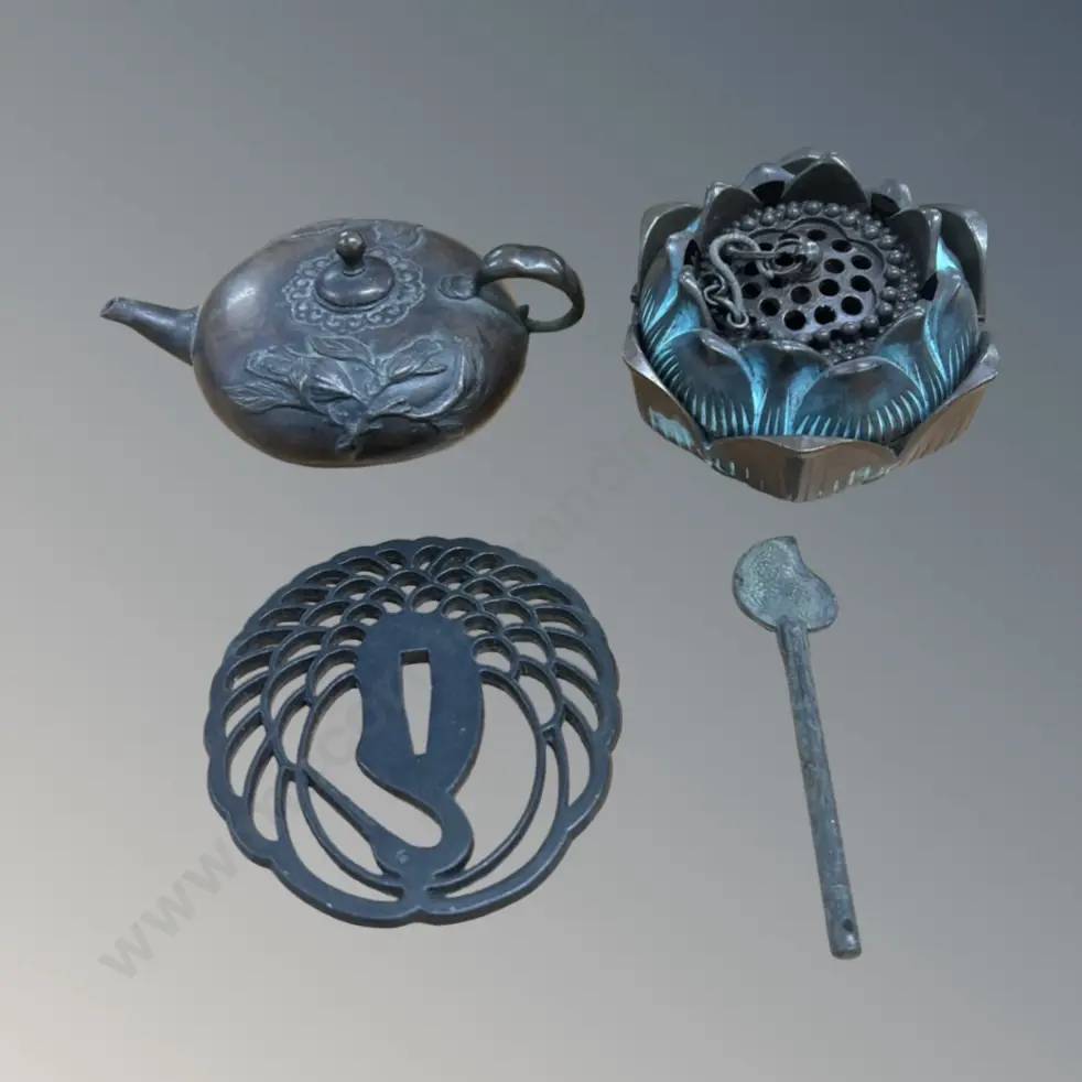 Bronze Miniature Teapot, Spoon, Small Iron Crane Shaped Trivet and Flower Shaped Hanging Censer AF Image 1++