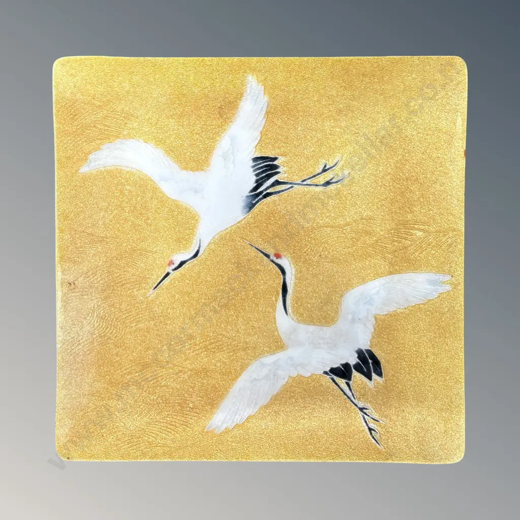 Japanese Tutanka Cloisonne Tray, Pair of Traditional Cranes, L17.5xW17.5 Image 1++