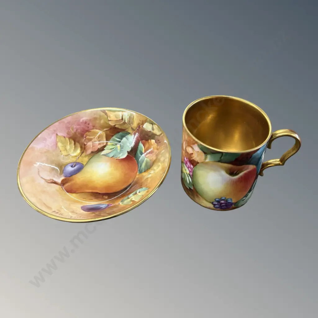 Boxed Caverswall Hand Painted Cup and Saucer, signed RA Shufflebotham, Orchard Fruit and Berries with Gilt  Image 1++
