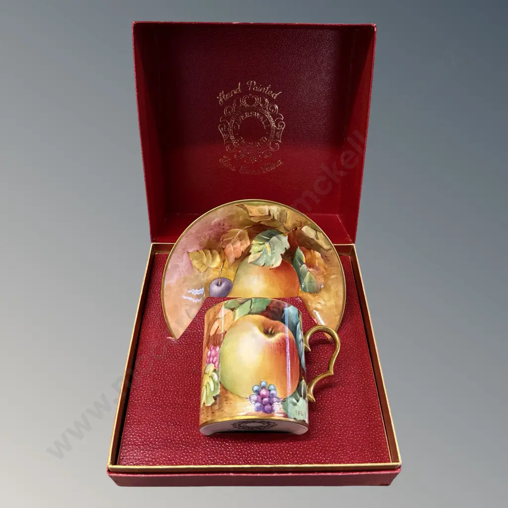 Boxed Caverswall Hand Painted Cup and Saucer, signed RA Shufflebotham, Orchard Fruit and Berries with Gilt  Image 1++