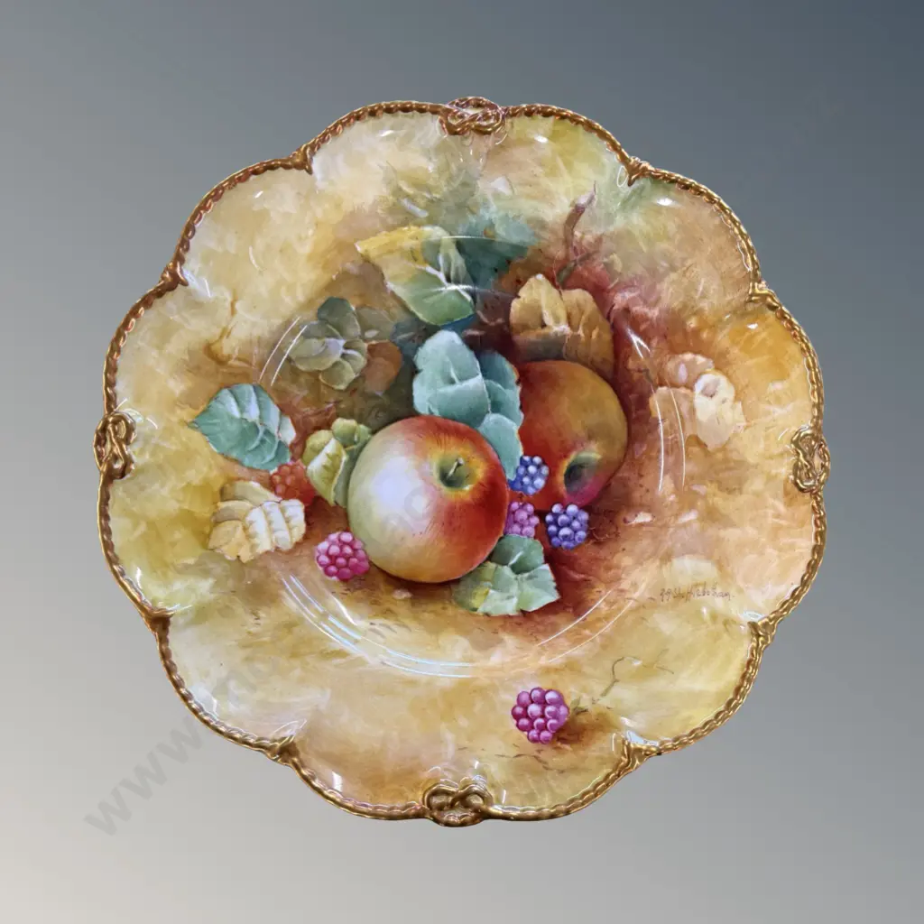 Boxed Caverswall Hand Painted Plate, signed RA Shufflebotham, Orchard Fruit and Berries with Gilt Edge, Dia25.5cm Image 1++