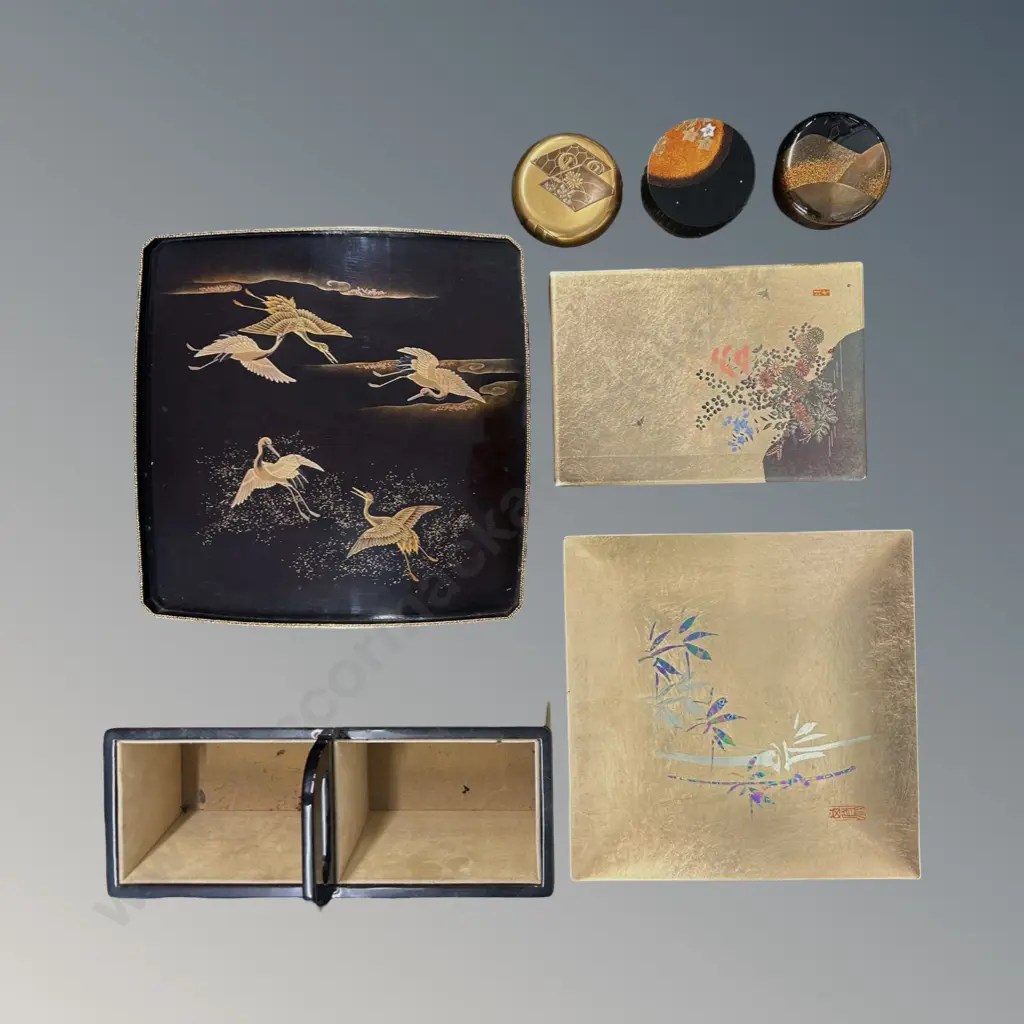 Black and Gilt Lacquered Boxes, Letter Holder, Tray and Lidded Containers, Gourd (two photos) Image 1++