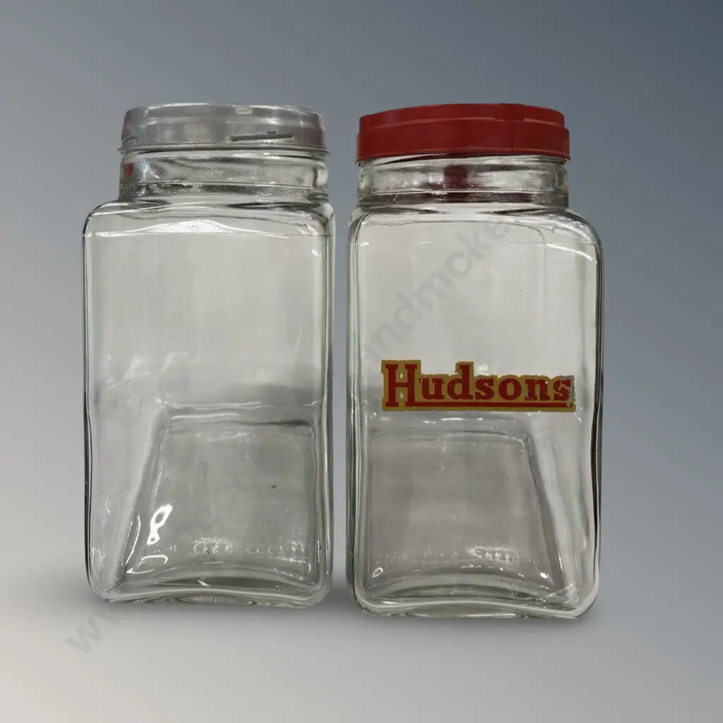 Two Angled Glass Confectionary Jars - one with Hudsons Label H26m Image 1++