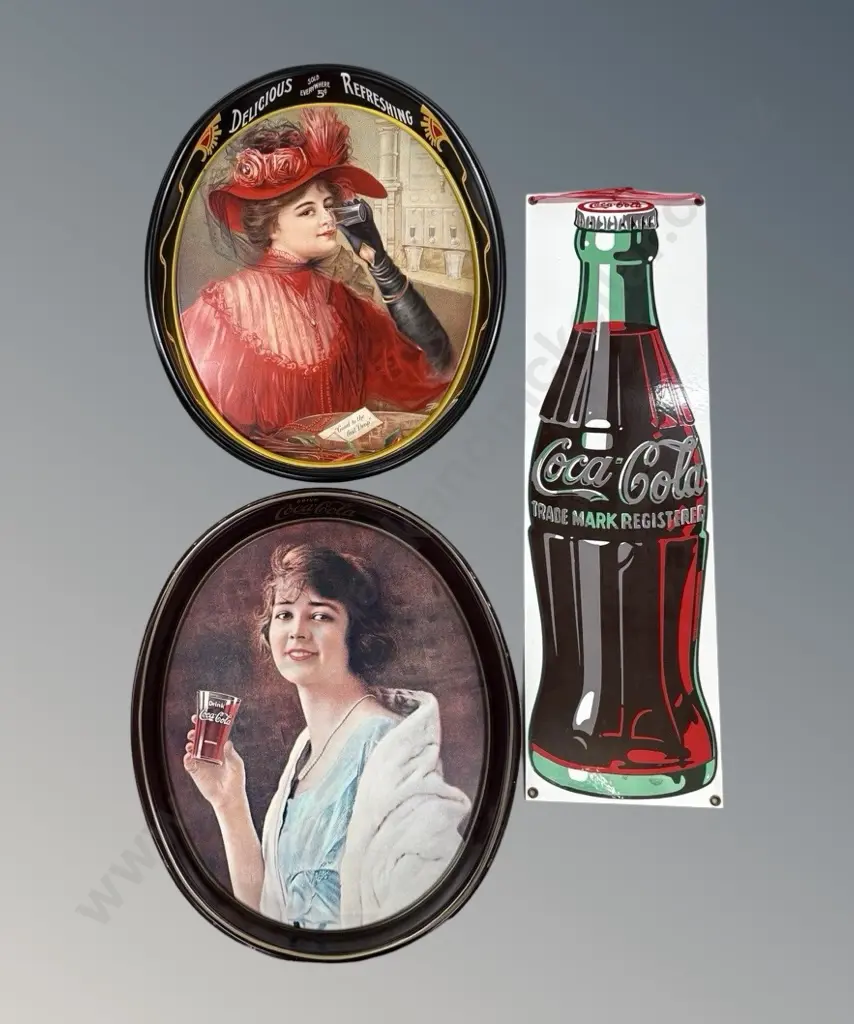 Coca-Cola Enamel Tin Sign H53.5xL15.5cm & Two Metal Coca-Cola Advertising Trays 38x31cm Image 1++