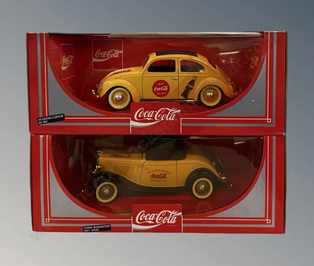 Two Coca-Cola Boxed Diecast Metal Cars - Ford Roadster & VW Coccinelle Berline, Box size 36x17cm  Image 1++
