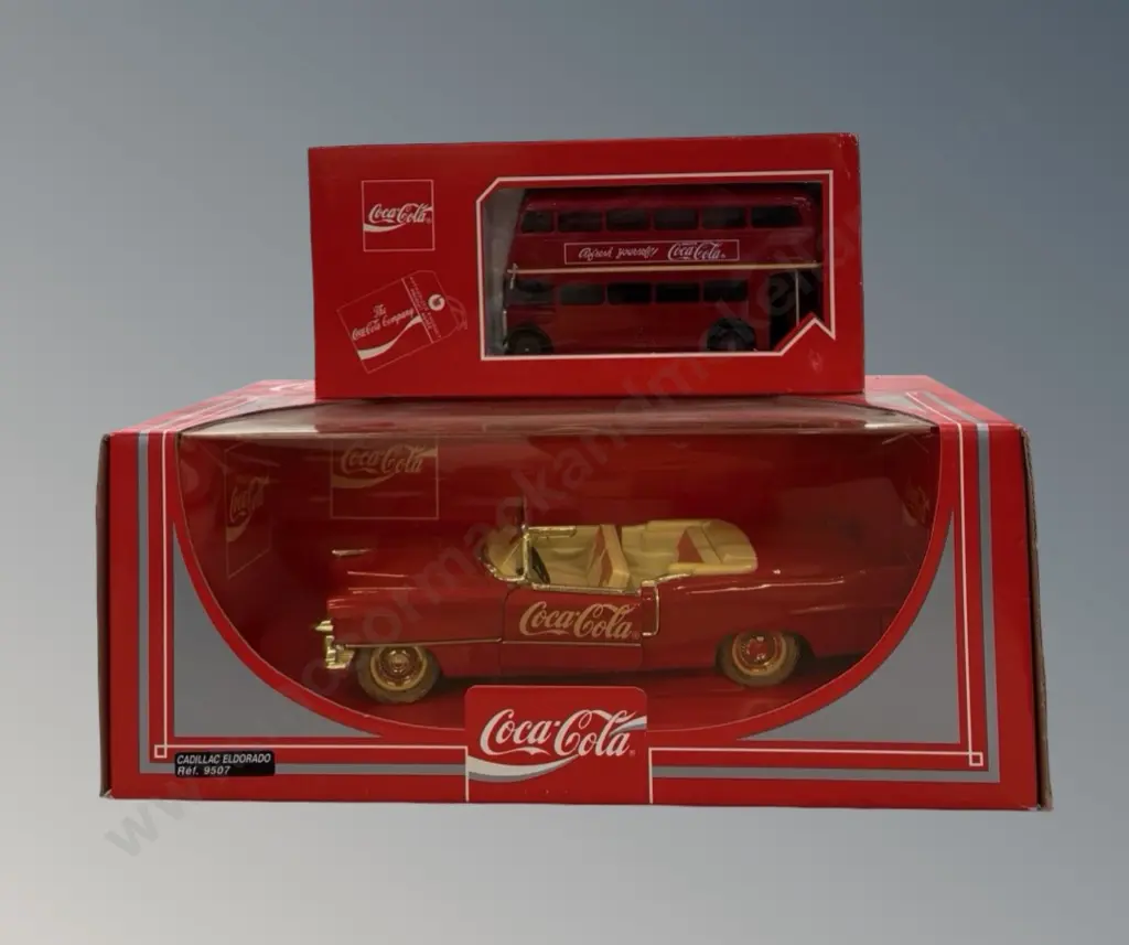 Coca-Cola Boxed Diecast London Double Decker Bus and Cadillac Eldorado Car - Box size 36x17cm, 12x26cm Image 1++