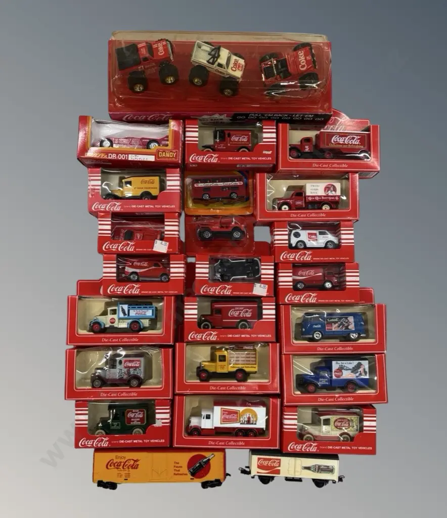 Collection of Boxed Coca-Cola Advertising Cars and Trucks, two carriages, includes Tomica Dandy DR-001 1/43 Scale Image 1++
