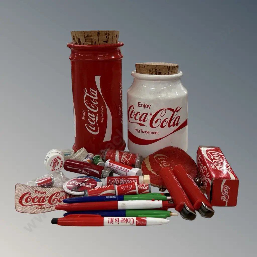 Two Coca-Cola Ceramic Jars and Assorted Advertising items - lighters, pens, badge, necklace, Boxed Spy Cam etc Image 1++