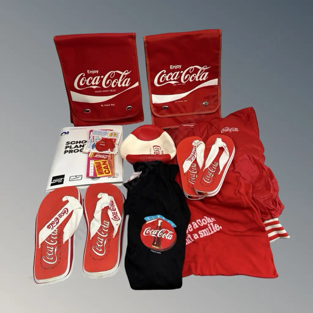 Coca-Cola Backpacks (2), Jandals (2), WIndbreakers (2), T-shirts (2), Rugby Ball, School Plant Program Image 1++