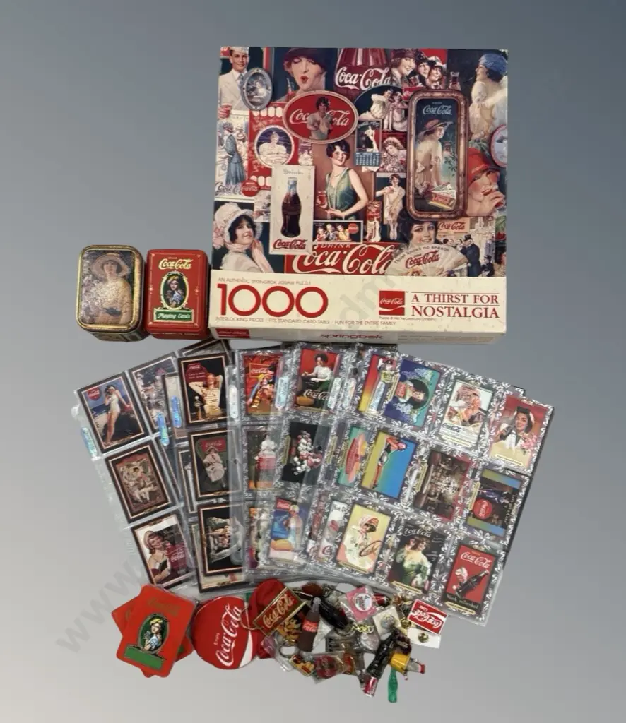 Coca-Cola Sleeved Collectors Cards, 1000 Piece Puzzle, Two Tins, Playing Cards, Pins, Keyrings etc Image 1++