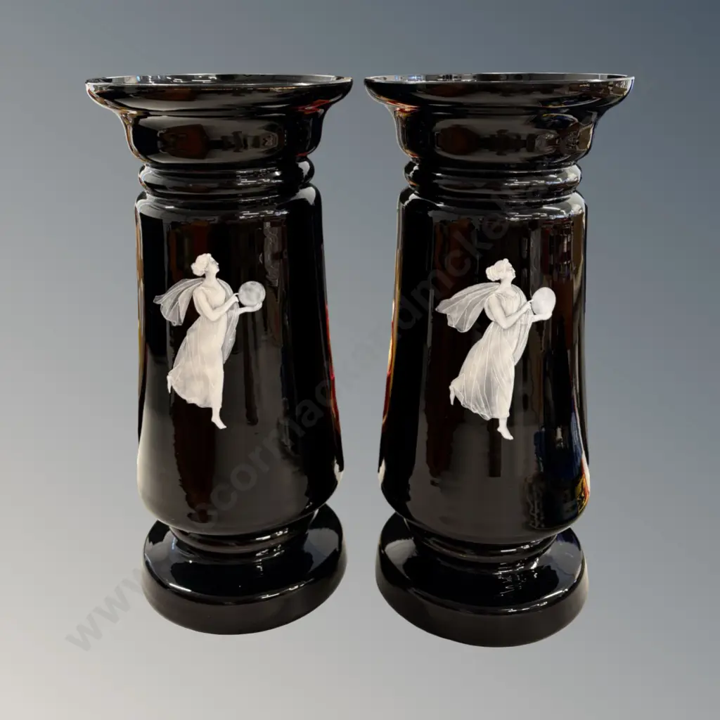 Pair of Black Glass Mary Gregory Style Vases Decorated with White Enamel Scene of Woman Holding Orb H32xD15cm Image 1++