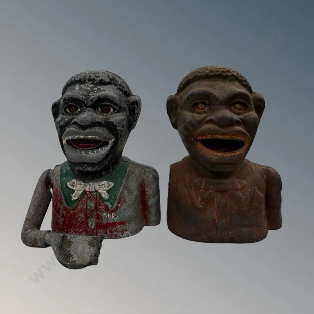Two Cast Iron Greedy Money Banks, one missing arm, AF Image 1++
